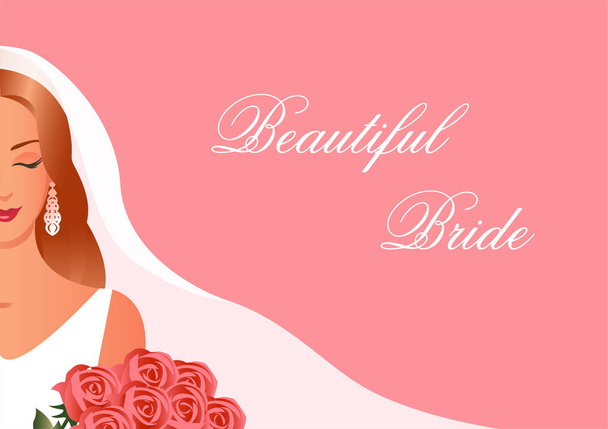 Bela noiva com um véu na cabeça e um buquê de rosas
. - Vetor, Imagem