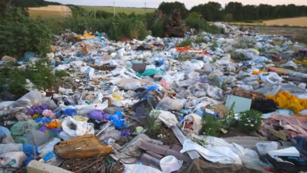 Η Ντόλι πυροβόλησε πολλά σκουπίδια που βρίσκονται στο έδαφος στην εξοχή. Τα σκουπίδια πετιούνται σε ανοιχτούς και ελεύθερα διαθέσιμους χώρους στη φύση. Έννοια του προβλήματος περιβαλλοντικής ρύπανσης. Κλείσιμο Αργή κίνηση - Πλάνα, βίντεο