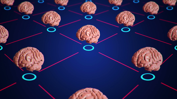 Αφηρημένο φόντο με animation cloud δίκτυο που συνδέει τους χρήστες από τα ανθρώπινα σύμβολα του εγκεφάλου, έννοια της επιχειρηματικής ταινίας για κορυφαίους επαγγελματίες. Κινούμενα σχέδια χωρίς ραφή. - Πλάνα, βίντεο