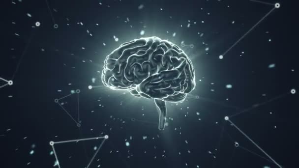 Animatie van rotatie menselijke hersenen met vliegende gegevens rond op de achtergrond. Animatie van een naadloze lus - Video
