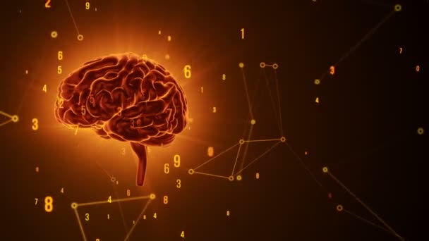 Animáció a forgás emberi agy repülő adatok körül a háttérben. Zökkenőmentes hurkok animációja - Felvétel, videó