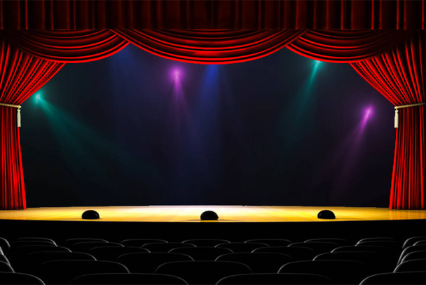 Theatre curtain and lighting on stage. Illustration of the curta - Photo, Image
