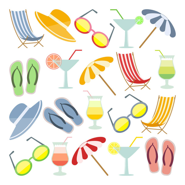 summer sea holiday items, set of beach things, cartoon style, vector illustration on white background - ベクター画像