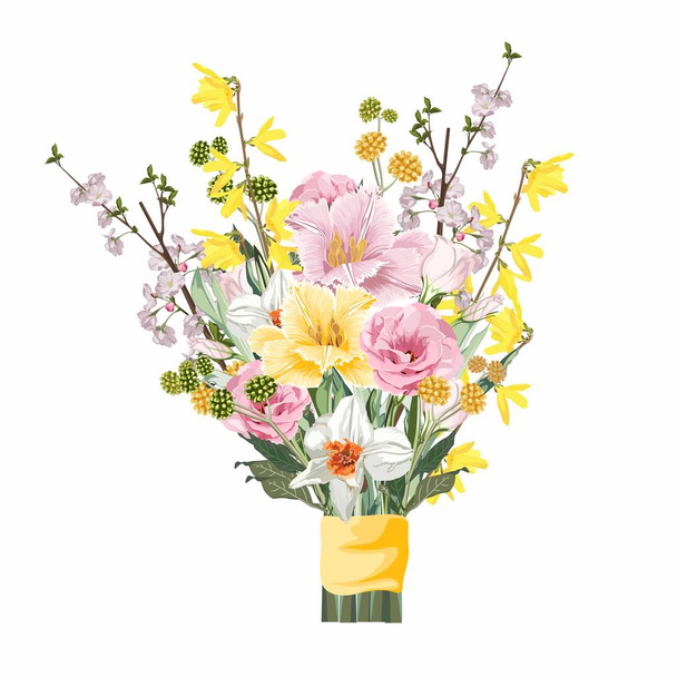 Flower Bouquet floral bunch, design object, element. Tulips, daffodils, sukura, Forsythia flowers, rustic floral elegant wedding card. All elements editable. - Vektör, Görsel