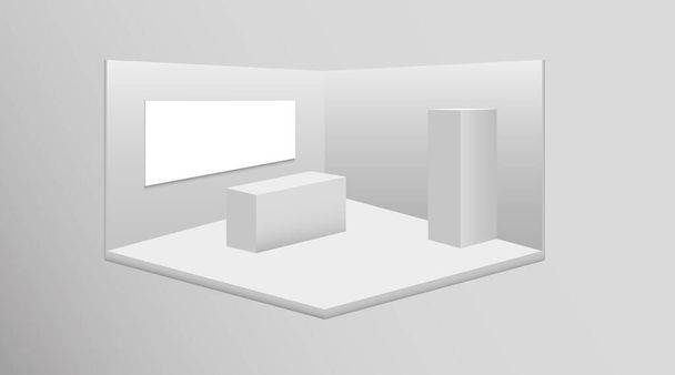 3D-näyttelykoppi. Valkoinen tyhjä myynninedistämistarkoituksessa stand with desk. Vektori valkoinen tyhjä geometrinen neliö. Esittely tapahtuma huoneen näyttö. Tyhjän ruudun malli
 - Vektori, kuva