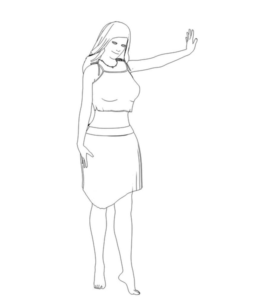 Skica černobílé ilustrace dívky v sukni a nahoře - Fotografie, Obrázek