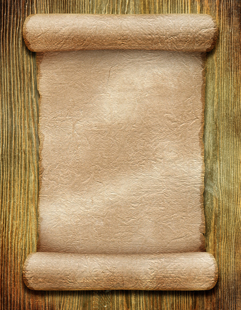 Manuscrito de papel antigo sobre textura de madeira marrom
 - Foto, Imagem