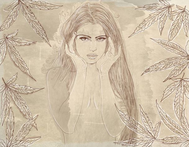 beautiful woman, portrait with frame and leaves of marijuana - Zdjęcie, obraz