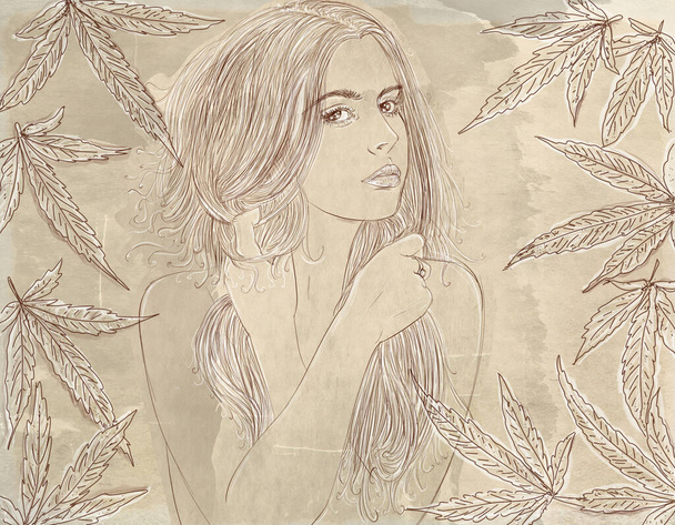 beautiful woman, portrait with frame and leaves of marijuana - Фото, изображение