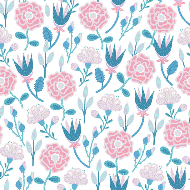 Floral seamless pattern. Hand drawn creative flowers. Colorful artistic background with blossom. Abstract herb. It can be used for wallpaper, textiles, wrapping, card, print on clothes. Vector, eps10 - 写真・画像