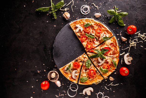 Fresh Italian pizza with mushrooms tomatoes and cheese, space for your text - Фото, зображення