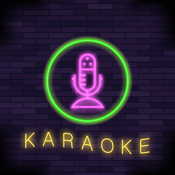 Glowing Light Karaoke on Wall Brick Background. Musical Logo. Colorful Line Icon. Sign Board of Music Bar - Фото, изображение