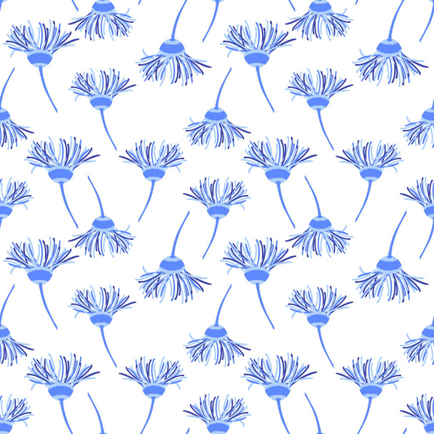 Leuke blauwe bloemen, Korenbloemen, veldplanten. Vector naadloos patroon op een witte achtergrond - Vector, afbeelding