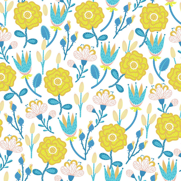 Floral seamless pattern. Hand drawn creative flowers. Colorful artistic background with blossom. Abstract herb. It can be used for wallpaper, textiles, wrapping, card, print on clothes. Vector, eps10 - Фото, зображення