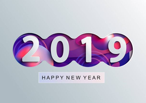 2019 Creative happy new year card in paper style for your seasonal holidays flyers, greetings and invitations cards and christmas themed congratulations and banners. Vector illustration. - Foto, Bild