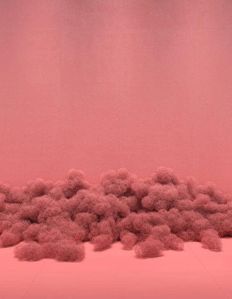 Kreatív kompozíció monokróm rózsaszín színben egy halom drót egy üres fal hátterében. Kortárs művészet installálása minimalista formatervezésben, fénymásoló térrel. 3D-s renderelés - Fotó, kép