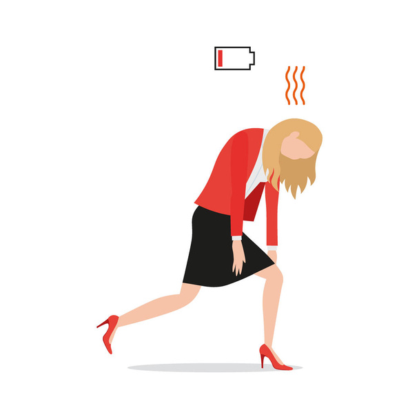 Tired exhausted businesswoman with red low battery charge icon, flat style vector illustration, overworked overwhelmed female entrepreneur executive going at work. - Vector, Image