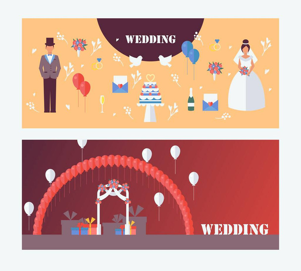 結婚式招待状ベクトルイラストフラットスタイルのアイコンやシンボル、新郎新婦の数字、結婚式のアーチ、風船、ケーキやギフトボックス。新婚旅行だ - ベクター画像