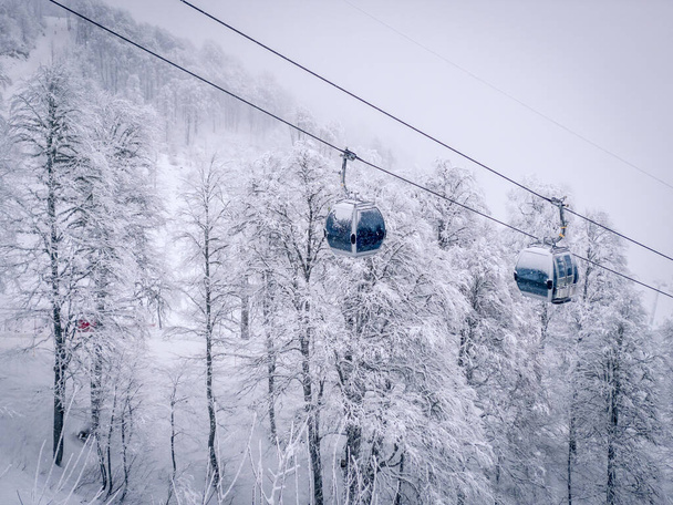 Winter Mountain landscape at the Rosa Khutor ski resort in Sochi, Russia. Cable car cabin over pine trees in the snow - Valokuva, kuva