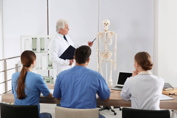 Studenti medicíny a profesor studující anatomii lidské kostry ve třídě - Fotografie, Obrázek