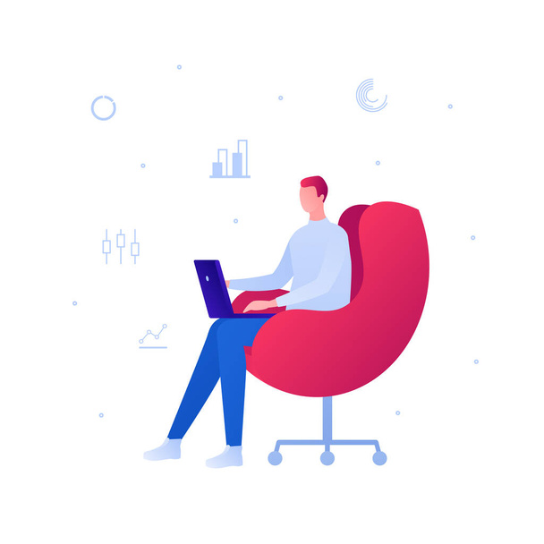 Business freelance work concept. Vector flat person illustration. Male sitting with laptop on chair and diagram chart icon sign. Design element for banner, poster, background. - Vector, Image