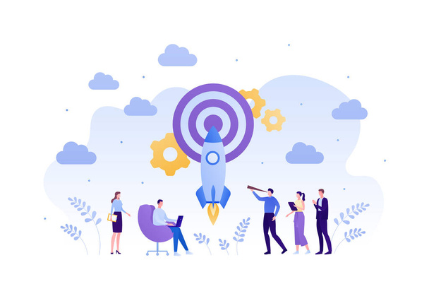 Business startup concept. Vector flat person illustration. Group of male and female employee holding spyglass, laptop, tablet. Rocket hit target. Design element for banner, background - Vector, Image