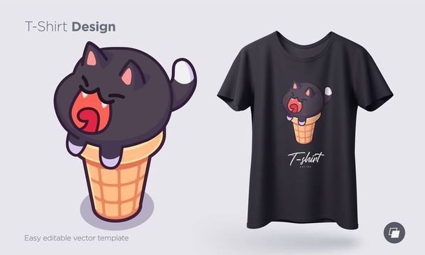 Gatos de gelado Kawaii. Sorvete em forma de gatinhos redondos no cone de waffle. Impressões em t-shirts, camisolas, estojos para telemóveis, lembranças. Ilustração vetorial isolada
 - Vetor, Imagem