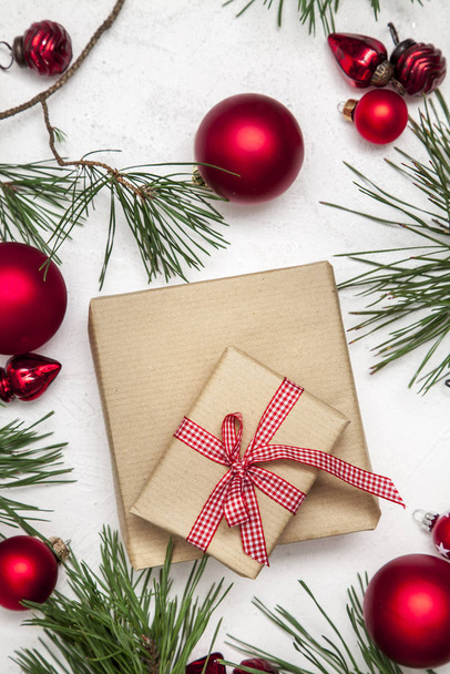 Greeting card - Christmas white wood background with christmas decoration - Foto, Imagem