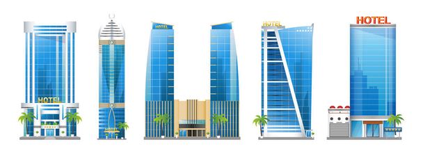 Set van moderne hotelgebouwen, wolkenkrabbers met palmbomen, architectuurconstructies, stedelijk landschap, vectorillustratie geïsoleerd op witte achtergrond. - Vector, afbeelding