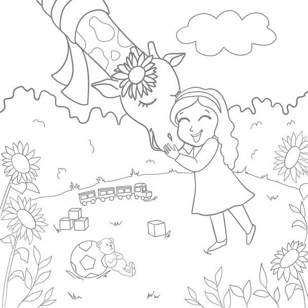 Girl hugging a giraffe. Vector illustration of hand-drawn. Coloring book for adults and children. - Vektör, Görsel
