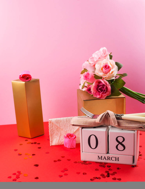 Festive womens day concept with wood calendar - Photo, Image