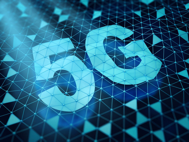 5G symbol and a network of triangular cells on a dark background. 3d render. - Foto, immagini