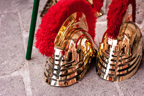 Golden helmets of Roman centurions at religious festivals - Photo, image