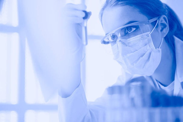 Portrait of pretty female laboratory assistant analyzing a blood sample at hospital - Foto, Imagen