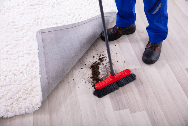 Lowsection View Of A Janitor Cleaning Dirt Under The Carpet With Mop - Foto, Imagem