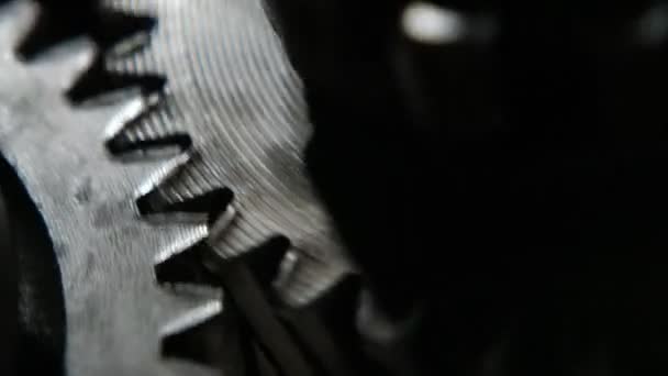 Draaiende tanden van twee brede tandwielen geplaatst in een moderne auto-transmissie Inspirerende close-up van roterende metalen scallops van twee stalen brede tandwielen in een moderne auto versnellingsbak. Het ziet er indrukwekkend, industrieel en fijn uit. - Video