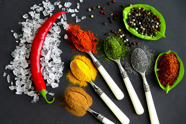 Spices and herbs, closeup shot  - Фото, изображение