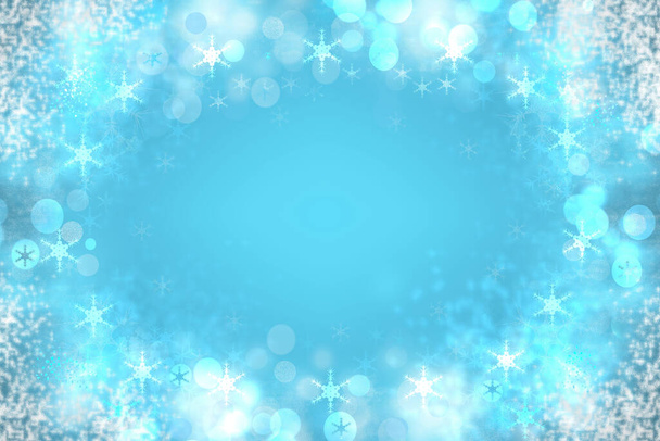 Abstract blurred festive winter christmas or Happy New Year background with snowflakes stars and white bokeh lights. Space for your design. Card concept. - Photo, image