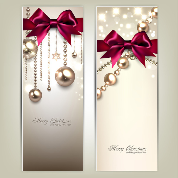Elegant Christmas banners with golden baubles and red bows. Vect - Vektor, Bild