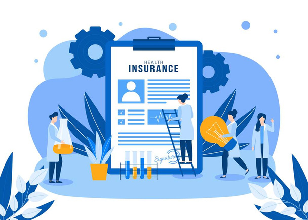 Health insurance vector illustration, medical laboratory, tiny doctors people teamwork. - Vector, Image