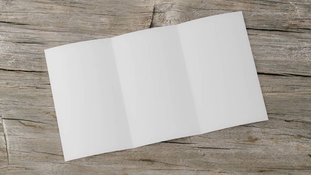 Fényképezés blank open triple folded brochure on a wooden table with empty space for your content 3d render illustration - Fotó, kép