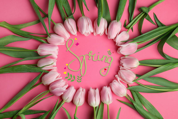 Beautiful spring tulips on pink background, flat lay. Space for  - Foto, afbeelding