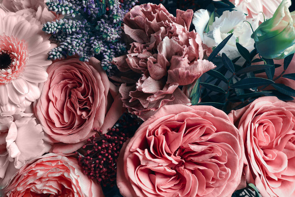 Beautiful bouquet, closeup. Floral card design with dark vintage effect - Fotó, kép