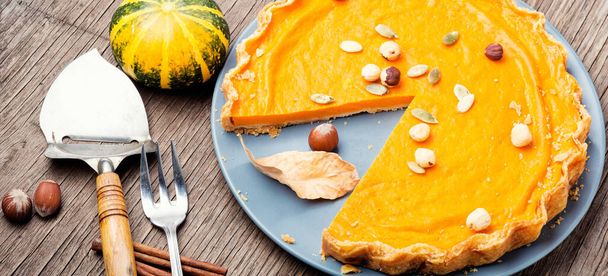 Pumpkin pie with nut and spice on rustic background.Traditional American pumpkin pie - Photo, image