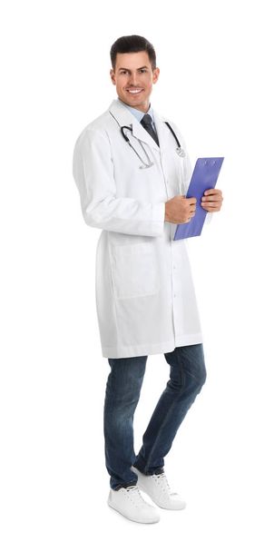 Portrait of doctor with clipboard and stethoscope on white backg - Fotografie, Obrázek
