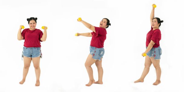 Şişman bir kadının egzersiz ve egzersiz yaptığı dizi hareketleri.  - Fotoğraf, Görsel