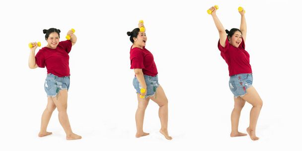 Şişman bir kadının egzersiz ve egzersiz yaptığı dizi hareketleri.  - Fotoğraf, Görsel