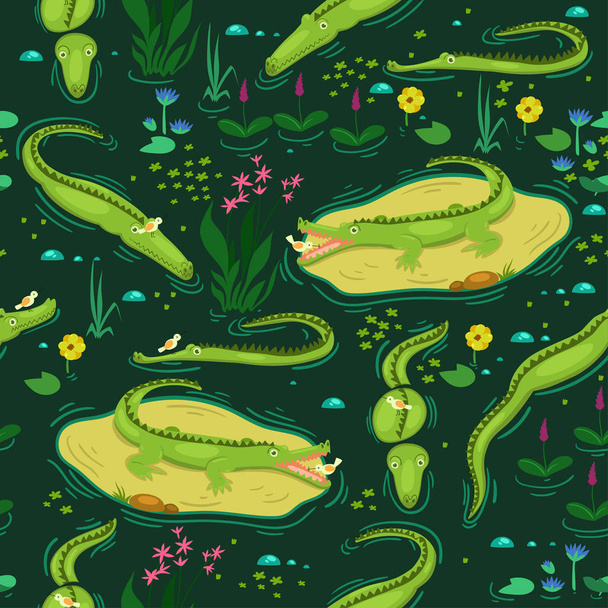 Seamless pattern with swimming crocodiles. Vector graphics. - Vector, Image