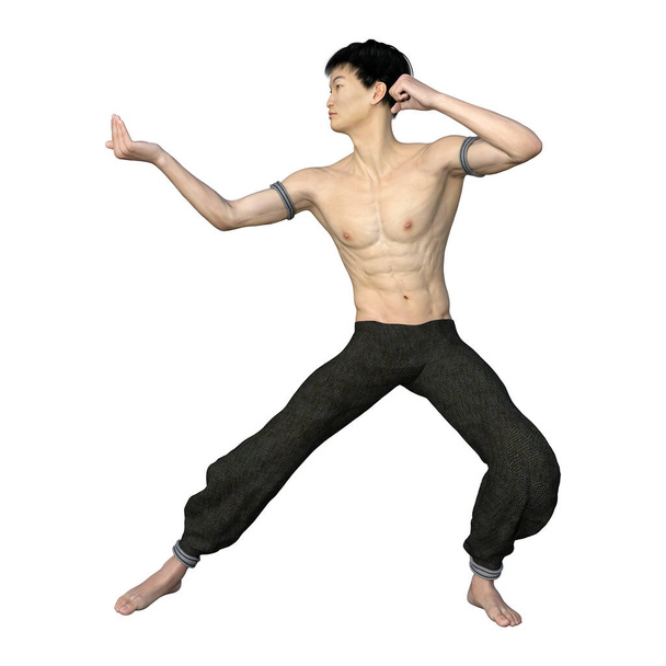 3D rendering of a fighting Asian man isolated on white background - Φωτογραφία, εικόνα
