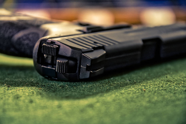 Black Combat Pistol Gun Shop Store Dealing Countertop Weapons Dangerous Sales Felt Surface Display - Photo, image